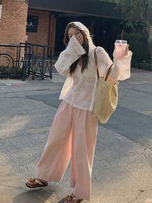 韩版白色刺绣钩编连帽衫，休闲百搭宽松长袖蕾丝开衫，春季 - 白色 - 查看 7