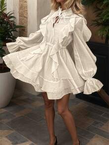 春夏秋季女士迷你连衣裙，优雅雪纺系腰连衣裙，适合新年、度假等各种场合。 - 杏色 - 查看 9