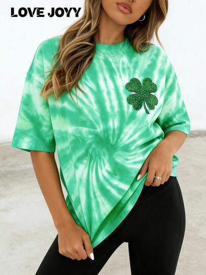 Love Joyy St. Patrick's Day Colorful Tie-Dye Pattern, Lucky Colorful Tie-Dye T-Shirt, Clover Colorful Tie-Dye, St. Patrick's Day Shirt, St. Patrick's Day Green Colorful Tie-Dye Loose T-Shirt With Glitter Clover Design