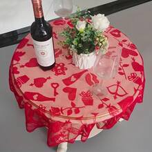 1pc Cupid Valentine's Day Round Heart-Shaped Lace Tablecloth, Red Lace Bear Angel Heart Pattern Table Runner Home Decor Anniversary Party Home Decoration Weddings And Valentine's Day Decorations - 紅色 - 查看 5