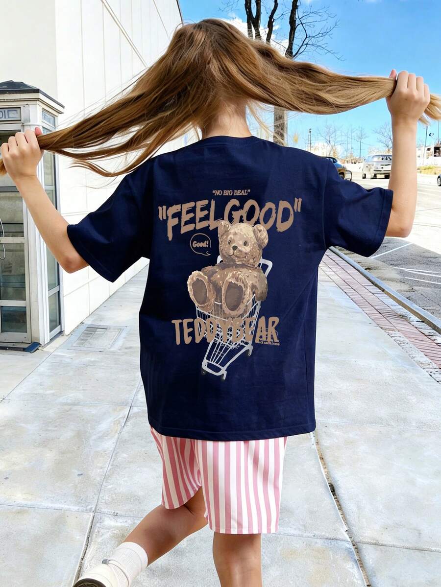 Tween Girl Summer 1pc Double-Sided Bear Print Crew Neck Short Sleeve T-Shirt, Young Student Clothing - Navy Blue - View 1