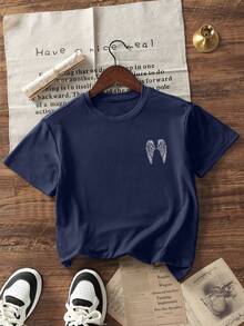 Women's Summer New Simple Slogan Print Casual Vacation Style Loose Fit Round Neck Short Sleeve T-Shirt, Fashionable Everyday Top, Suitable For Daily And Vacation Wear. Women's T-Shirt Top. - Navy Blue - View 8