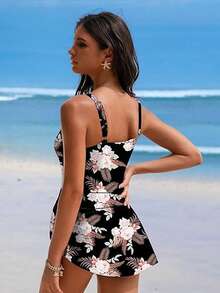 One-Piece Swim Dress For Women, U-Neck Tummy-Control Swimsuit - Black Pink Plants - 查看 4