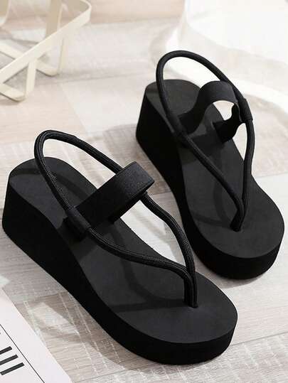 Women's Thong Sandals, Summer Slippers, Thick Sole Platform Wedge High Heel Sandals, Black Color, Strap Flip Flops, Beach Shoes, Slip-On, Suitable For Outdoor, Travel