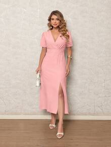 ONLYONE - Elegant Women's Midi Dress With V-Neck Wrap Detail And Side Slit - Women's Party Dresses - 淺粉色 - 查看 1