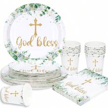 7/9 Inch Cross-Shaped Disposable Plate Set, Party Plates, Includes Disposable Paper Plates, Cups, Napkins, Suitable For Wedding, Engagement, Birthday, Wedding Party Tableware - Multicolor - View 3