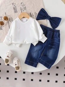 Conjunto de 3 peças para bebês meninas, estilo minimalista e casual, com laço grande removível, blusa de manga comprida com gola redonda e calça jeans com bolsos. Leve e ideal para outono/inverno. - Bege - Ver 2