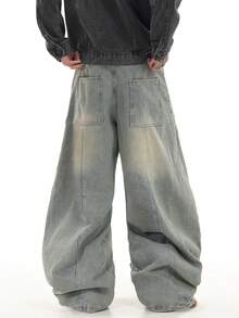 1pc Justice Brother Casual Patchwork Loose Fit Barrel Leg Jeans, Distressed Wash, Street Style Pants For Men (Excluding Belt/Accessories) - Teal Blue - View 3