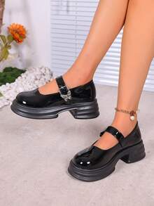 1 Pair Girl's Thick Sole & Thick Heel French Style High Heels, Versatile And Fashionable Bowknot Buckle Leather Shoes For Spring And Autumn - Black - View 12