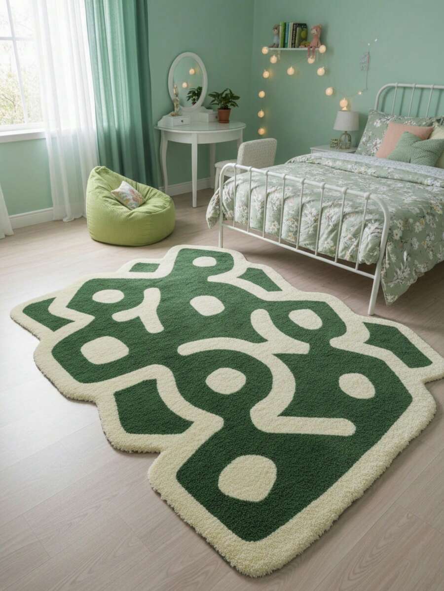 1 块独特设计地毯，绿色和米色抽象不对称线条和形状图案，厚绒地毯，适合秋冬季卧室和客厅装饰，可水洗 - 彩色 - 查看 1