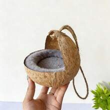 Natural Small Pet Coconut Shell Bird Nest, House, Bed, Breeding Nesting, Anti-Chew, With Warm Pad And Bell For Parrots, Cockatiel, Finches - Multicolor - View 7
