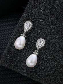 Teardrop Pearl Micro-Inlaid Zirconia Earrings, Luxurious Elegant Versatile Earrings For Women - Silver - View 3