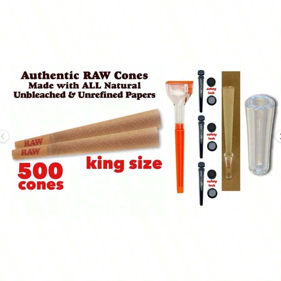Raw Cone Classic King Size Cone 500 Pk +3x Tube +GLASS CONE TIP+Cone Filler - As Pic - View 1
