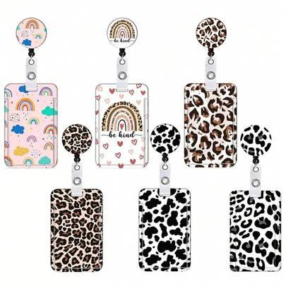 1/2 Portacarnet + 1/2 Portaidentificación desmontable, Estuche para tarjeta de identificación laboral, Bolsa de tarjetas expandible, Material duradero, Útiles escolares, Esencial para el nuevo semestre, Set de cordón para identificación. Adecuado para identificación de estudiante y trabajo, ¡Multifuncional y de moda! Opciones de estampado de leopardo y colores arcoíris.