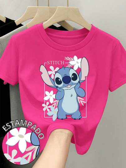  Camiseta para mujer de 100% algodón con cuello redondo y manga corta Estampada original de Disney Película Lilo y Stitch ideal para festividades del día del amor y el amigo Febrero Regalo ideal Primavera Verano Otoño Invierno Stitch tierno y esponjoso