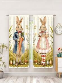 2pcs Easter Bunny Curtains, Countryside Couple Rabbit Carrot Egg Print Curtains, Creating A Cozy Easter Atmosphere, Ideal For Easter Party Decor, Suitable For Living Room, Bedroom, Dining Room And More, Can Be Used As Curtain Decor, Room Decor Background, Polyester Rod Pocket, Also A Great Easter Gift. - Easter Bunny - View 2