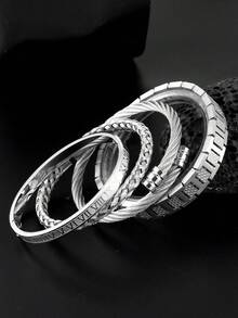 Camhanno 4pcs Fashionable Retro Stainless Steel Bracelet+Strap Bracelet Combination Set, Suitable For Men's Daily Wear, Gatherings, Parties, Holiday Gifts - Silver - View 3