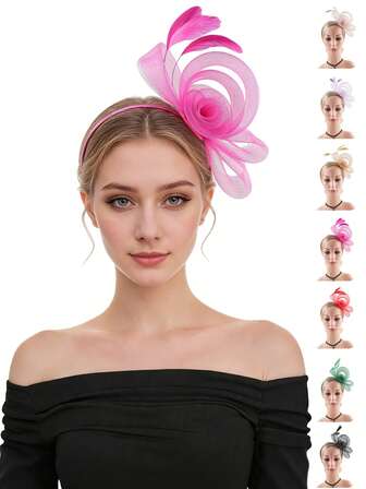 1pc Elegant Fascinators For Women Tea Party Hat With Net & Feathers Headpiece Bow Mesh Fascinators Headband For Wedding Kentucky Derby Accessories Costume