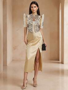 Amyenjoylife Modern Philippine Inspired Blouse, Philippine Inspired Blouse With Butterfly Sleeves, Women's Elegant Floral Lace Puff Sleeve Round Neck Cropped Cardigan, Women's Philippine Inspired Shawl - Champagne - View 3