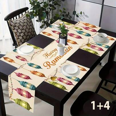 1/4/6 Pcs Set, Ramadan Placemats, Linen Dining Table Mats With Traditional Lantern Pattern, Washable Printed Tablecloths, Surface Protective Pads, Ideal Decor For Holiday Kitchen And Family Gatherings