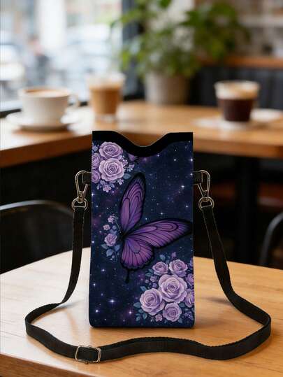Fjärils- och lila rosmönster med stjärnhimmelstryck - Justerbar rem, Högkvalitativt konstläder, Unisex-design, Passar de flesta telefoner och plånböcker, Avslappnad elegant daglig användning, Fjärils-telefonskal, Resetillbehör, Modern stil, Lätt och bärbar