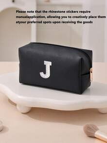 1pc Women's Octagonal Makeup Bag, Travel Organizer Bag, Bridal Makeup Bag, PU Letter Makeup Bag, Portable Chenille Letter Zipper Makeup Bag, Letter Patch PU Leather Waterproof Travel Toiletry Bag, Letter Combination Cosmetic Bag (Letter A~Z), Suitable For Autumn Home Decor - Black and White Lettering - View 26