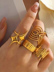 4pcs Elegant Stainless Steel 18K Gold Plated Luxury Retro Geometric Round Bead Star Line Design Ring Set, Suitable For Women Daily, Festival, Gift, Party, Date, Holiday, Dinner, Durable And Chic Ring Set, Valentine's Day - Multicolor - View 1