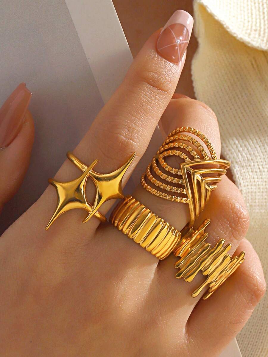 4pcs Elegant Stainless Steel 18K Gold Plated Luxury Retro Geometric Round Bead Star Line Design Ring Set, Suitable For Women Daily, Festival, Gift, Party, Date, Holiday, Dinner, Durable And Chic Ring Set, Valentine's Day - Multicolor - View 1
