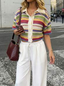 Spring/Summer Women's Casual Elegant Fashion Knit Cardigan With Color-Block Rainbow Stripes, Lapel Collar, And Button Design - Green - View 1