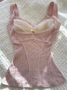 2026 Summer Vest For Women Tank Tops Spring Outfits Lace Patchwork Sleeveless Casual Crop Top Dressy Clothes - Hồng - Xem 1