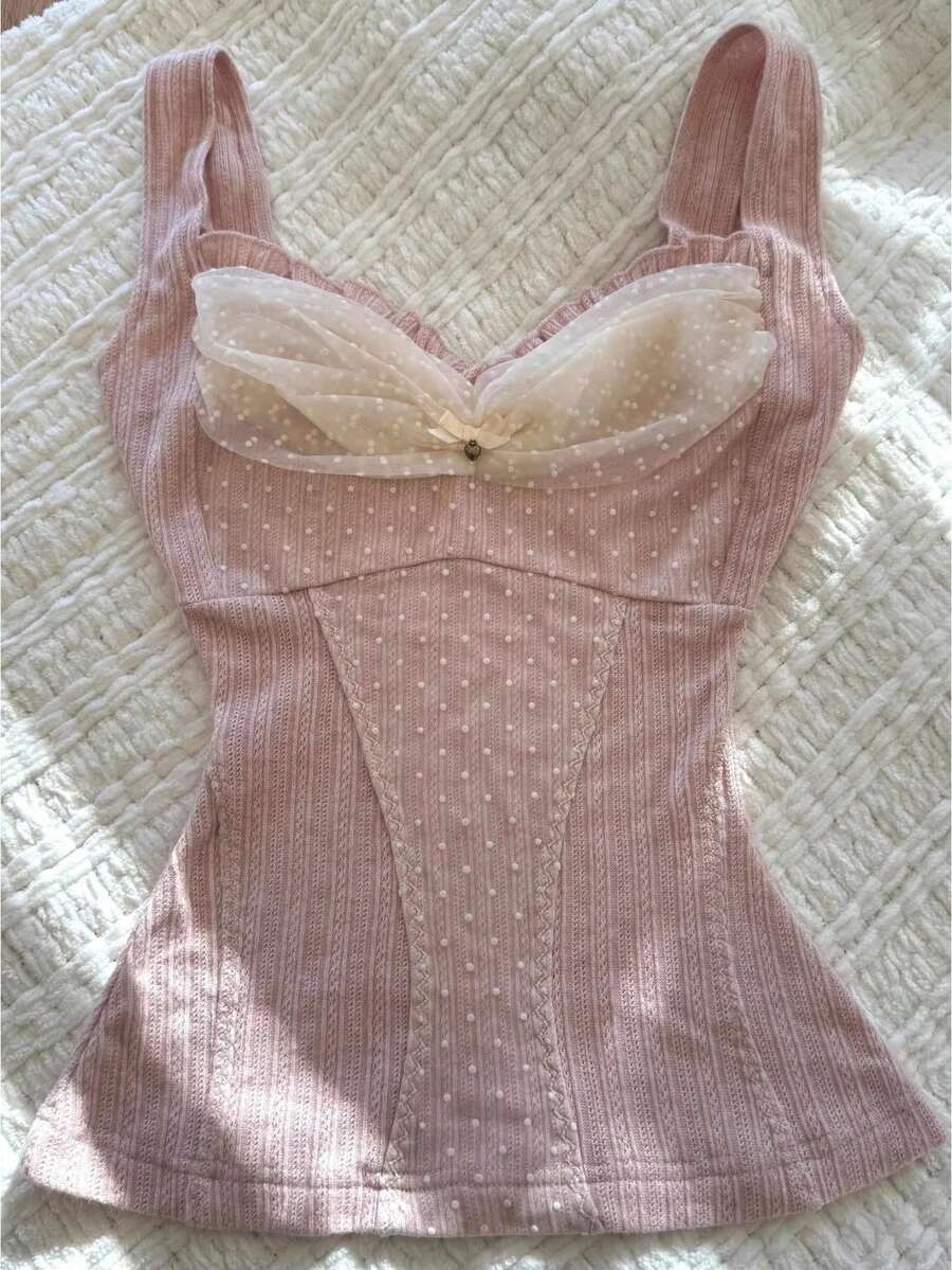 2026 Summer Vest For Women Tank Tops Spring Outfits Lace Patchwork Sleeveless Casual Crop Top Dressy Clothes - Hồng - Xem 1