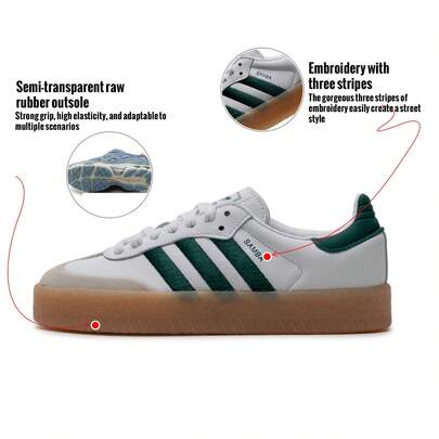 Adidas 三叶草女士复古撞色运动鞋，SAMBAE W，轻便舒适的低帮系带休闲鞋，配有半透明橡胶外底和优雅的刺绣三条纹。