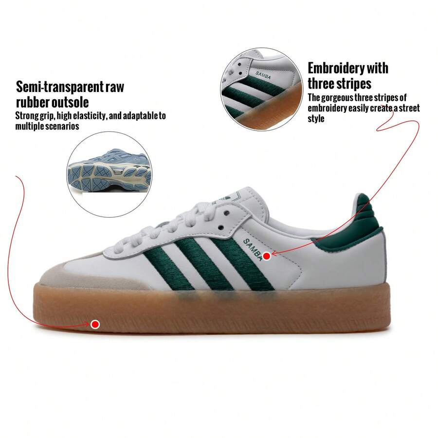 Adidas 三叶草女士复古撞色运动鞋，SAMBAE W，轻便舒适的低帮系带休闲鞋，配有半透明橡胶外底和优雅的刺绣三条纹。 - 白/森林綠 - 查看 1