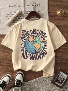 1 st. T-shirt med rund hals och kort ärm för flickor, sommarkläder för studenter och ungdomar - T-shirten med jordglobstryck ger glädje och lycka till alla barn! - Aprikos - Visa 3