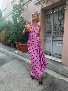 Women's Tie Backless Sleeveless Halter Dress Deep V Neck Ruched Cinching Waist Long Flowy Dresses - 粉色 - 查看 4