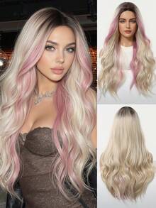 24 Inch Center Parted Long Curly Ombre Pink & Gold Synthetic Heat Resistant Fiber Wig, Women Wigs Suitable For Festivals, Parties And Daily Wear - Pink Highlight - View 2