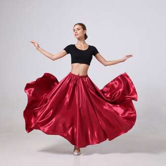 1pc Wine Red 95cm Satin Long Dress For Women, Elastic Waist Design, Suitable For Belly Dance, Princess Party, Cosplay, Dance And Other Occasions