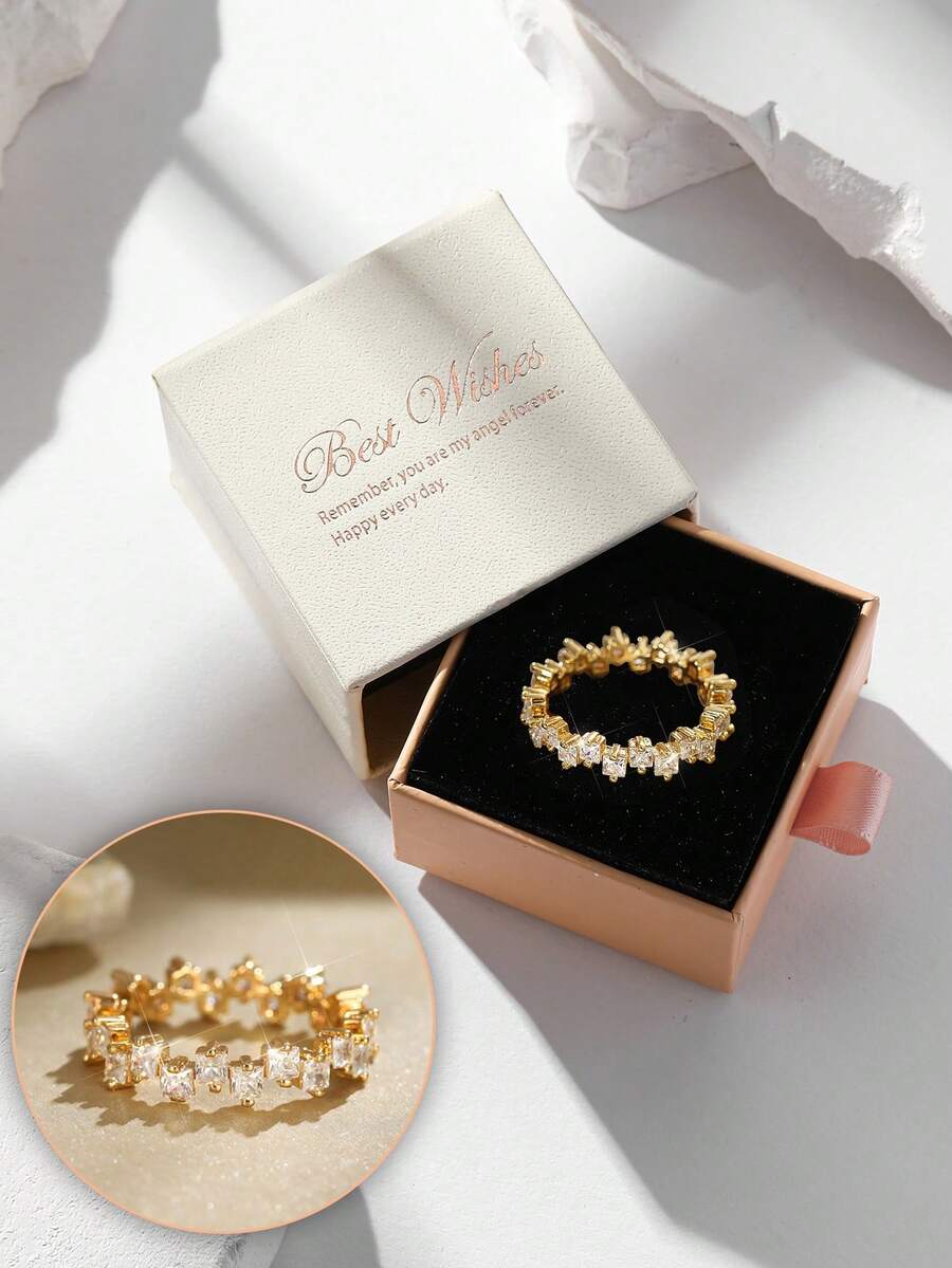 Hộp quà sang trọng, nhẫn vuông đính đá Cubic Zirconia, trang sức thời trang dự tiệc cưới cho nữ, chất liệu đồng không phai màu và không gây dị ứng, món quà lý tưởng cho dịp lễ. - Vàng - Xem 1