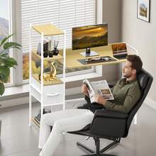 INICO Escritorio de Computadora, escritorios para Home Office con 1 Cajones y 4 Niveles de Estantes, Moderno Escritorio para Oficina en Casa, Mesa de Estudio para Laptop, Minimalista Moderno - Marrón - Ver 1