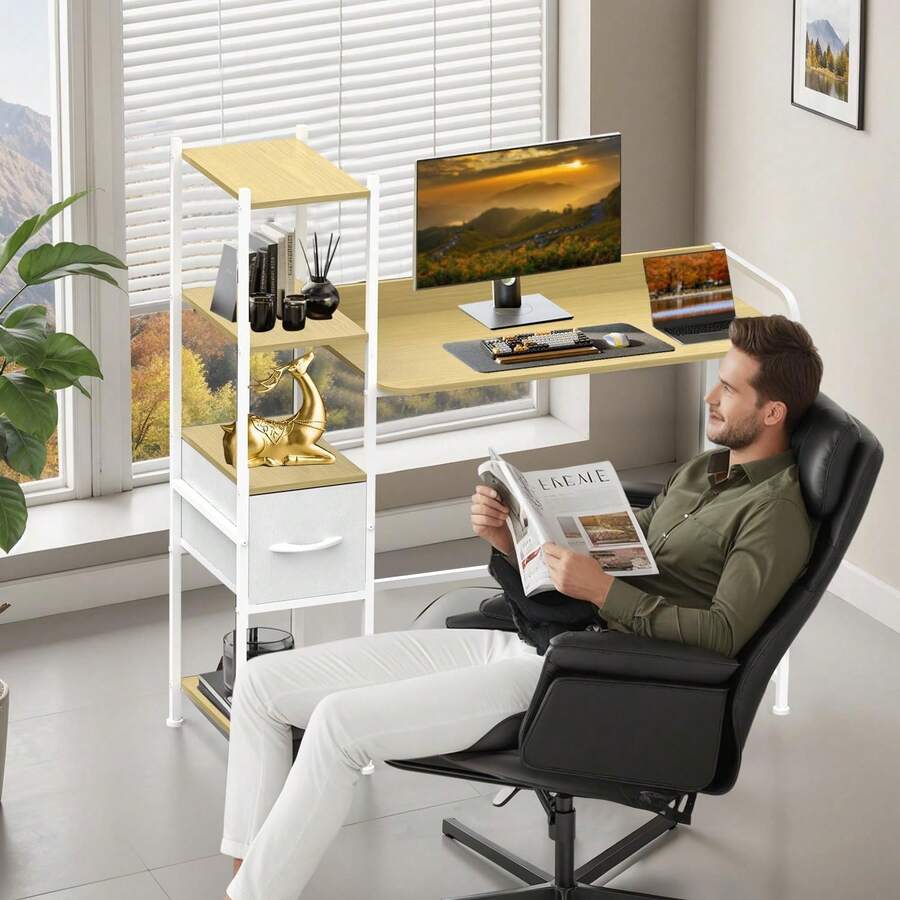 INICO Escritorio de Computadora, escritorios para Home Office con 1 Cajones y 4 Niveles de Estantes, Moderno Escritorio para Oficina en Casa, Mesa de Estudio para Laptop, Minimalista Moderno - Marrón - Ver 1