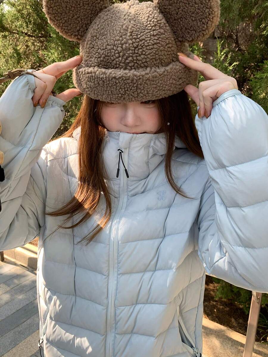 Korean Style Embroidered Casual Hooded Padded Coat - Blue - View 1