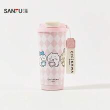 Miniso Chiikawa 520ml/17.58oz 双层保温咖啡杯 - 可爱格子印花不锈钢便携真空杯，带双饮用盖和提手，适合通勤/旅行 (1个) - 淺粉色 - 查看 1