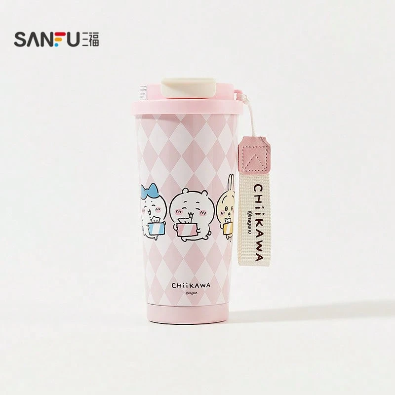 Miniso Chiikawa 520ml/17.58oz 双层保温咖啡杯 - 可爱格子印花不锈钢便携真空杯，带双饮用盖和提手，适合通勤/旅行 (1个) - 淺粉色 - 查看 1