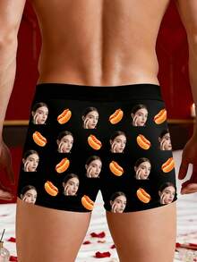 Customized Photo Print Men's Briefs, Personalized Heart Design, Suitable As A Personalized Gift, Funny Customized Style, Boxer Briefs, Customizable Item, Suitable For Daily Wear And Gifting, Also Can Be Given As A Valentine's Day Or Birthday Gift To Boyfriend - Black - View 5