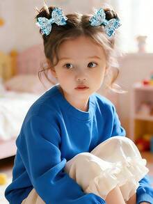 قطعتان من مشابك الشعر بشكل فيونكة زرقاء، إكسسوارات شعر مزينة بنجمات الثلج اللامعة، زينة شعر عصرية لرأس السنة، مناسبة كهدايا لحفلات الأطفال - دبوس الشعر القوس - مشاهدة 2