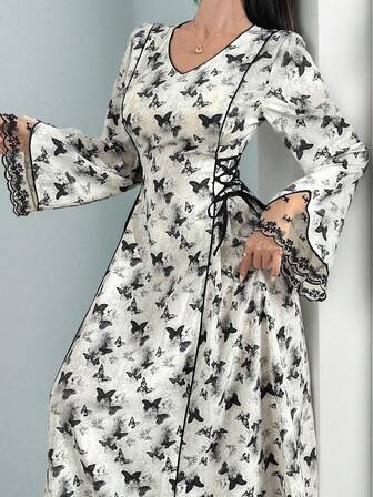 Vestido de manga larga con cuello en V, estampado floral y ajuste cruzado en el Body, estilo casual tipo kaftan para resort