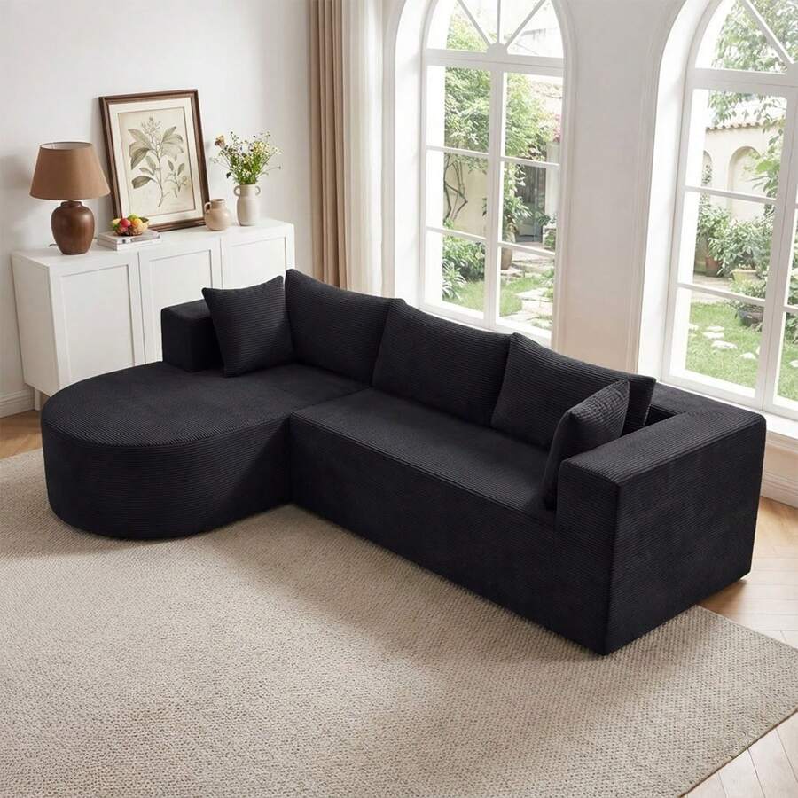 ATOMHOME 105" Modular Cloud Couch - No Assembly Required, Modern Corduroy L-Shaped Sectional Sofa - Deep Seat Memory Foam Boneless Sleeper Sofa, Cozy Over-Sized Couch For Living Room, Black - Ghế dài màu đen - hướng bên trái - Xem 1