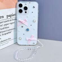 Luxury 3D Pearl Bow Rhinestone Transparent Phone Case With Chain, Compatible With IPhone 17 Pro Max/17 Pro/17, 16 Pro Max/16 Pro/16, 15 Pro Max, 14 Pro/14, New 13, Fashionable Exquisite Phone Cover - Clear - View 4