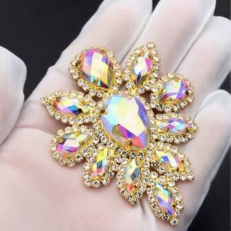 1pc 45 * 59mm Sew-On Gold Crystal AB Glass Rhinestone Flower Applique, Flat Claw Setting, Suitable For Wedding Dresses, Shoes And Crafts