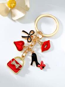 1pc Elegant Alloy Keychain, Designed With Red Lip Print And Bow, Inspired By Valentine's Day, Cute Metal Round Heart Themed Keychain Decorated With Delicate Flowers And Hearts, Single Piece, Ideal As Women's Wedding Holiday Gift Or Handbag Accessory - Multicolor - View 4